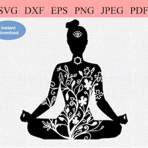 Derde Oog Meditatie / SVG DXF EPS / Mediterende Vrouwenfiguur met een open Derde Oog / 3e Oog Chakra & Keel Chakra Boomtak Motief
