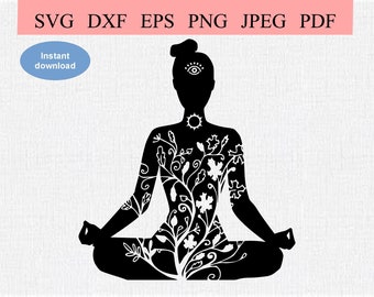 Third Eye Meditation / SVG DXF EPS / Meditating Woman Figure with an open Third Eye / 3rd Eye Chakra & Throat Chakra Tree Branch Motif