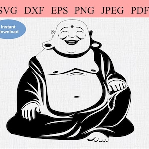 May include: Black and white illustration of a smiling Buddha sitting in a meditative pose. The Buddha is wearing a robe and has a large belly.