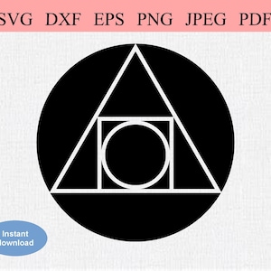 Puede incluir: Un círculo negro con un triángulo, un cuadrado y un círculo blancos en su interior. Las formas son geométricas y abstractas.