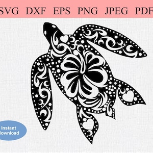 May include: Black and white silhouette of a stylized sea turtle with floral and heart designs. The turtle is facing right and has a large flower on its back.