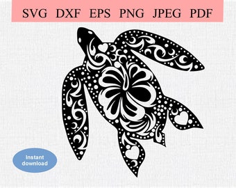 Tribal Hibiscus Turtle / SVG DXF EPS / Hawaiian turtle with a hibiscus on its back / Aboriginal Dot Art Style / Hearts & Moons Motif Turtle