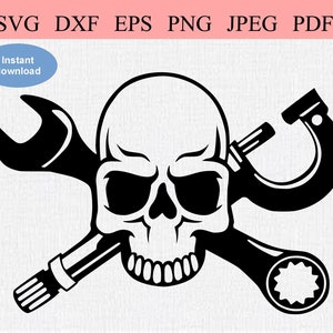 May include: Black and white illustration of a skull with two spanners crossed behind it.