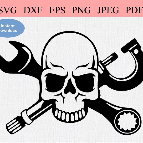 Skull Wrench Mechanic / SVG DXF EPS / Symmetrical Skull with a Wrench & a Clamp as Crossbones / Repairman Plumber Tradie Tools of the Trade