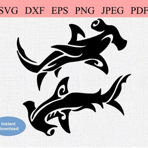Requins-marteaux tribaux / SVG DXF EPS / Deux requins-marteaux abstraits nageant dans des directions opposées / Semaine des requins / Ocean Marine Life