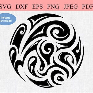 Abstrakter Vollmond / SVG DXF EPS / Abstrakter Kreis mit wirbelnder Wasserwelle / Tribal Digital Design / Geometrischer Ebbe und Fluss auf einem Wasserplaneten