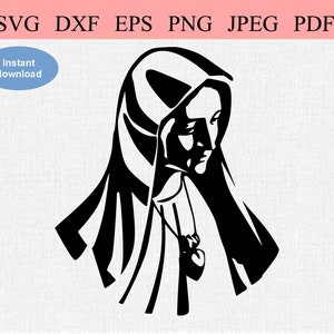 Cara de Virgen María / SVG DXF EPS / Cabeza de Madonna Católica sin Halo luciendo bien / Simbolismo Cristiano / Madre de Dios con Corazón Llameante