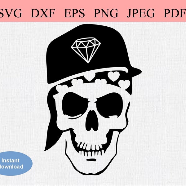 Skull Bandana Baseball Hat / SVG DXF EPS / Skull Head with Heart Bandana & a Diamond Baseball Cap / Día de los Muertos / Skull Face Stencil