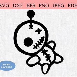 以下が含まれることがあります： 口と目が縫い付けられたブードゥー人形の白黒の線画イラスト。人形は丸い頭と小さな体で、腕と脚があります。