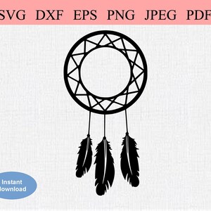 May include: Black and white silhouette of a dreamcatcher with three feathers hanging from the bottom.