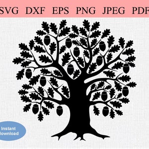 Chêne abstrait / SVG DXF EPS / Grand chêne feuillu avec beaucoup de branches et de glands / Glands en croissance / Pochoir vintage Folk Art Silhouette