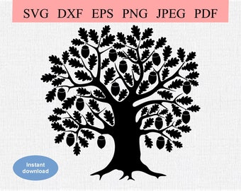 Abstract Oak Tree / SVG DXF EPS / Big leafy oak tree with lots of branches and acorns / Growing Acorns / Vintage Folk Art Silhouette Stencil