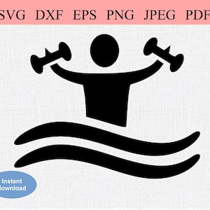 Aeróbicos acuáticos / SVG DXF EPS / Instructor de aeróbicos sobre olas de agua con mancuernas / Símbolo del logotipo de aeróbicos acuáticos / Signo de deportes acuáticos en equipo