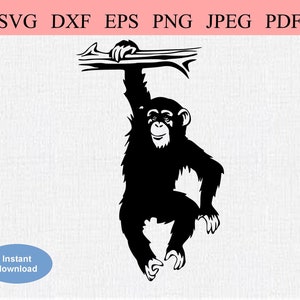 Mono chimpancé colgante / SVG DXF EPS / Chimpancé colgando de un árbol / Chimpancé balanceándose en una rama de árbol / Travesuras de mono / Silueta de gran simio