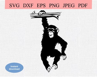 Hanging Chimp Monkey / SVG DXF EPS / Chimpanzee hanging from a Tree / Chimp swinging on a Tree Branch / Monkey Antics / Great Ape Silhouette