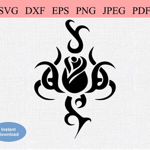 May include: Black and white stylized illustration of a rose with intricate details. The rose is surrounded by swirling patterns.