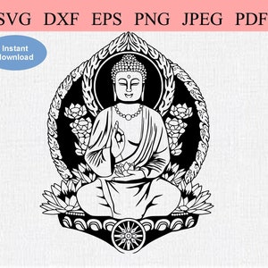 May include: Black and white line art illustration of a meditating Buddha sitting in a lotus position with a halo around his head. The Buddha is surrounded by lotus flowers and leaves.