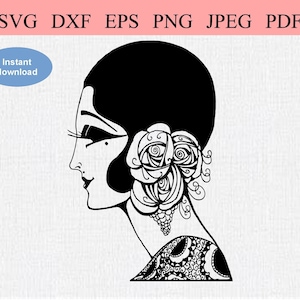 Flapper Girl, jaren 1920 / SVG DXF EPS / Art Deco Vrouw met lange wimpers rozen en druiven in haar / Vintage Art Deco Digitaal Printable Stencil