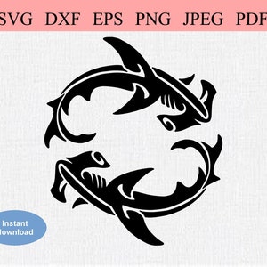 Requins-marteaux tribaux / SVG DXF EPS / Deux requins-marteaux abstraits nageant en cercle / Semaine des requins / Ocean Life Marine Animals Cricut
