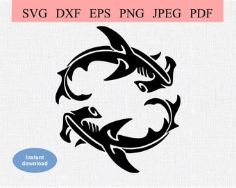 Tribal Hammerhead Sharks / SVG DXF EPS / Dos tiburones martillo abstractos nadando en círculo / Shark Week / Ocean Life Marine Animals Cricut