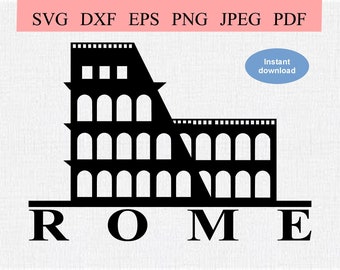 Puede incluir: Silueta negra del Coliseo en Roma con la palabra "ROMA" escrita debajo.