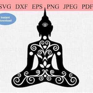 May include: Black and white silhouette of a meditating Buddha with intricate floral designs on the body. The Buddha has a third eye on the forehead.