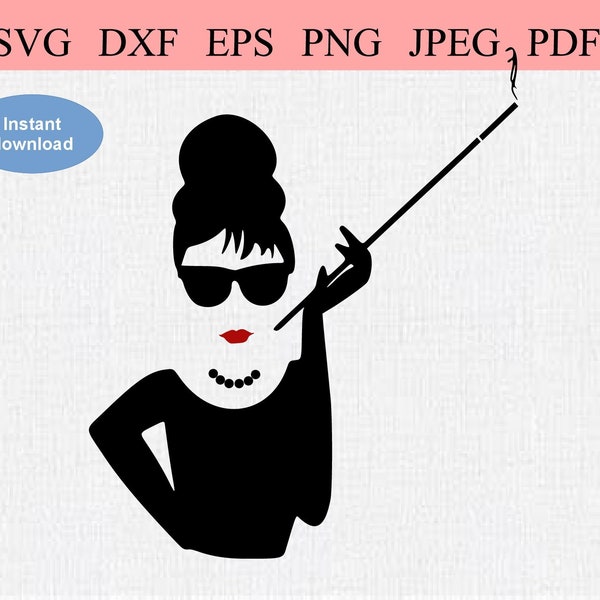 Audrey Hepburn Smoking / SVG DXF EPS / Cartoon of Audrey Hepburn Smoking a cigarette / Young Hollywood Actor / Famous Actress / Old Movies