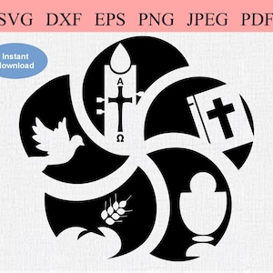 Messa cattolica / SVG DXF EPS / Simboli cristiani raffiguranti una messa cattolica, tra cui pane e vino, l'Eucaristia e lo Spirito Santo