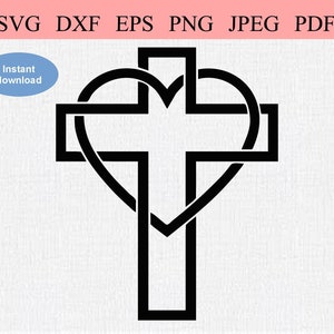 Amor Cristiano / SVG DXF EPS / Un Corazón Amoroso colgando alrededor de una Cruz Cristiana / Símbolo Cristiano para el Amor y la Aceptación de Dios Stencil