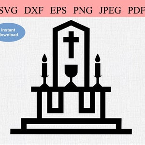 Altare della Chiesa Cattolica / SVG DXF EPS / Altare per la Messa Cattolica / Candele del Calice eucaristico e tavola in chiesa / Prima comunione / Cresima