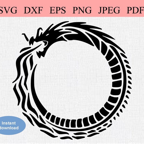 Tribal Ouroboros Snake / SVG DXF EPS / Abstract snake in a circle ring blowing fire at its own tail / Circle Abstract Clipart Stencil Design