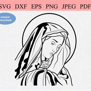 Virgin Mary Face / SVG DXF EPS / Testa di Madonna cattolica con Halo che guarda a destra / Simbolismo cristiano / Madre di Dio in vesti / Santa Maria