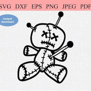 以下が含まれることがあります： 縫い目と突き出た針のあるブードゥー人形の白黒線画イラスト