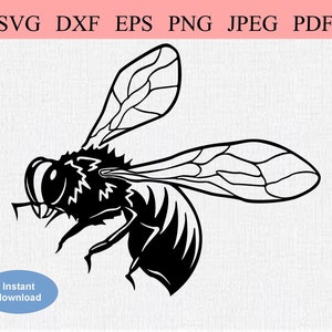 Puede incluir: Silueta en blanco y negro de una abeille con las alas extendidas. La abeja está mirando hacia la izquierda y tiene un ojo grande y redondo.