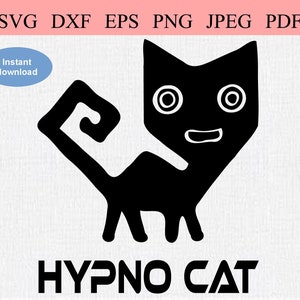 May include: Black graphic of a stylized cat with a curled tail and the text "HYPNO CAT" below. The cat has large, round eyes and a smiling mouth. Above the cat are file type options: SVG, DXF, EPS, PNG, JPEG, PDF. A blue oval says "Instant download".