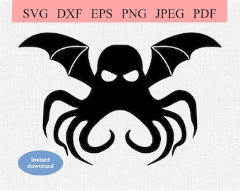 May include: Black silhouette of a creature with wings and tentacles. The creature has a single eye in the center of its head.