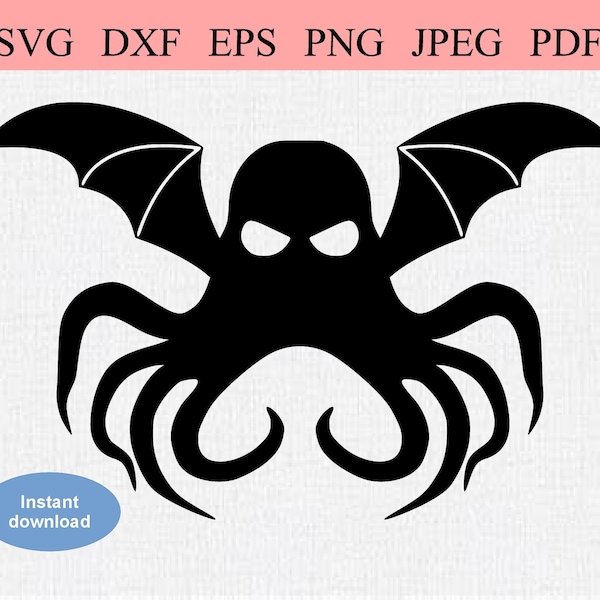 Cthulhu Octopus Monster / SVG DXF PNG / Winged Octopus Looking Menacingly / Lovecraft Mythos / Gothic Horror Cutting File Clipart for Tshirt