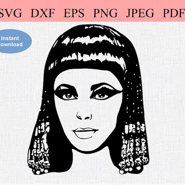 Elizabeth Taylor as Cleopatra / SVG DXF EPS / Head of Cleopatra with Black Hair Dreadlocks / Braids Fringe & Egyptian Eye / Young Cleopatra