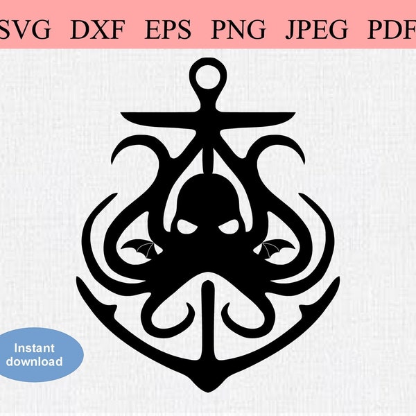 Cthulhu Octopus Anchor / SVG DXF PNG / Scary Winged Octopus / Lovecraft Mythos / Gothic Horror Cutting File Clipart for Tshirt, Mugs & Totes