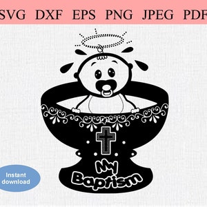 Battesimo cattolico / SVG DXF EPS / Battesimo cristiano / Angelic Baby sitting nel bagno battesimale del calice / Messa cattolica / Santissimo Sacramento