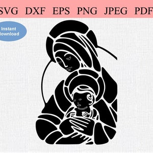 Vierge Marie tenant l’Enfant Jésus / SVG DXF EPS / Vierge catholique à l’Enfant / Symbolisme chrétien / Mère et Enfant / Fils et Mère de Dieu