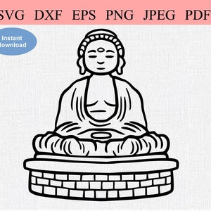 May include: Black and white line art illustration of a meditating Buddha sitting on a brick base. The Buddha is wearing a robe and has a dot on his forehead.