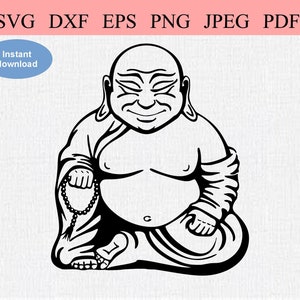 May include: Black and white line art illustration of a smiling Buddha sitting cross-legged with a beaded necklace in his hand.