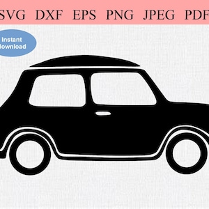 May include: Black silhouette of a classic mini car. The car is facing right and has a simple design.