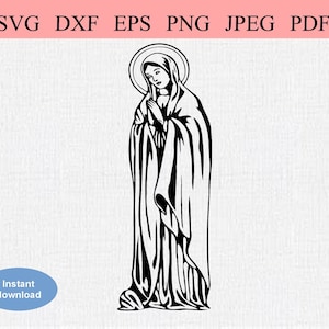 Jungfrau Maria Betende / SVG DXF EPS / Katholische Madonna hält Hände im Gebet / christliche Symbolik / Heilige Mutter Gottes mit Heiligenschein Schablone