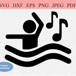Aeróbicos acuáticos / SVG DXF EPS / Instructor de aeróbicos sobre olas de agua con notas musicales / Símbolo del logotipo de aeróbicos acuáticos / Signo de deportes acuáticos en equipo
