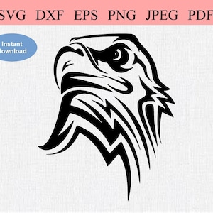 May include: Black and white stylized illustration of an eagle's head facing upwards. The eagle's eye is detailed and the feathers are depicted with sharp lines.