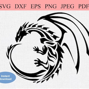 May include: Black and white silhouette of a dragon curled into a circle with its wings spread out behind it.
