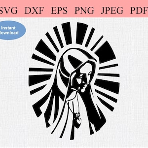 Virgin Mary Face / SVG DXF EPS / Testa di Madonna cattolica con Halo che guarda a destra / Simbolismo cristiano / Madre di Dio con un cuore fiammeggiante