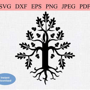Chêne abstrait / SVG DXF EPS / Chêne feuillu avec beaucoup de branches et de glands / Glands en croissance / Pochoir vintage Folk Art Silhouette